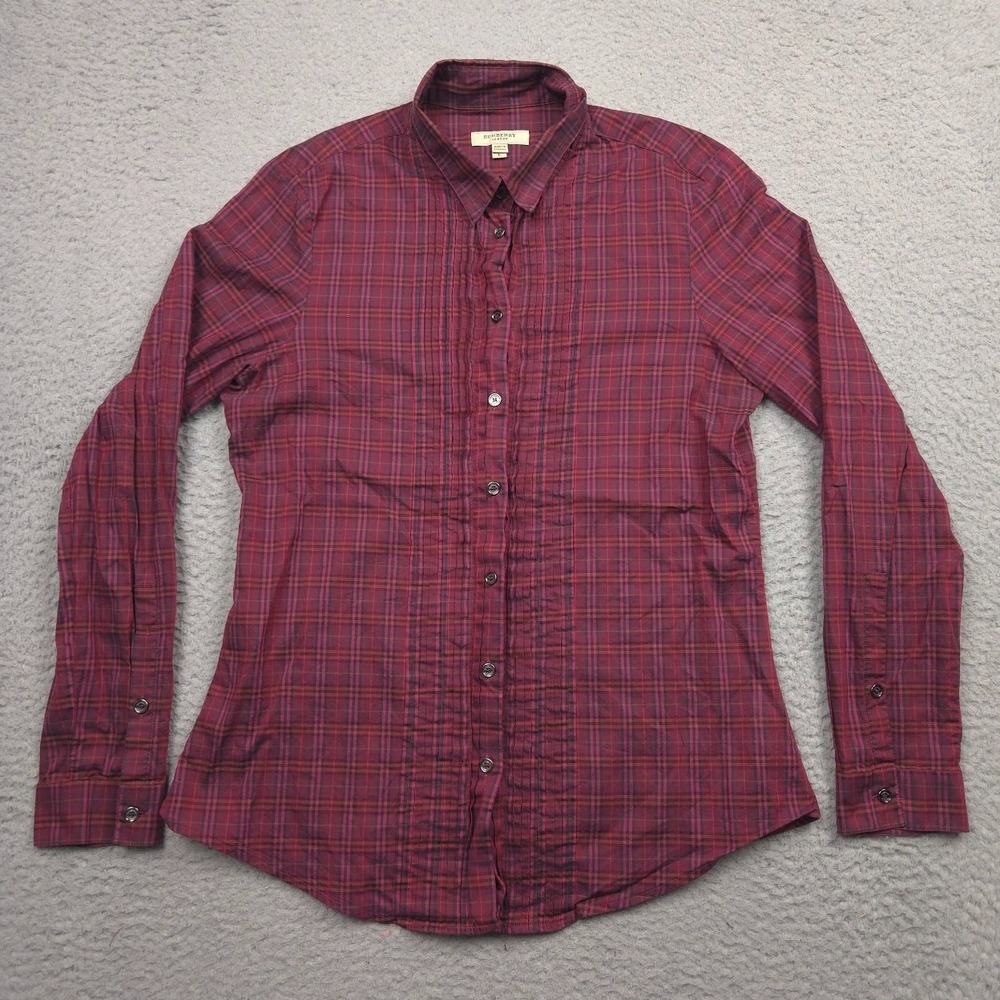 Burberry London Women Size L Burgundy Plaid Cotton Blouse Preppy Pleated